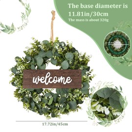 Spring Door Wreaths Front Door Decor 18 inch Artificial Eucalyptus Wreath with Welcome Sign Spring Wreaths for Front Door Green Outdoor Wreath for Wall Window Porch Patio