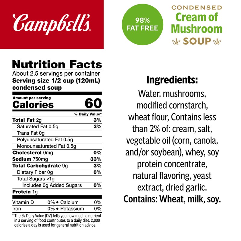 Campbell's Condensed 98% Fat Free Cream of Mushroom Soup, 10.5