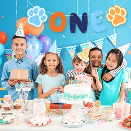 Ctosree Blue Dog 1st Birthday Decorations Banner,Light Blue Navy Brown Orange ONE Sign First Birthday Banner with Cute Puppy Paw, ONE Happy Birthdays Party Decorations