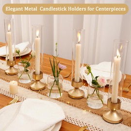 Hurricane Glass Candle Holders, Set of 10 Metal Taper Candlesrick Holders for Centerpieces Tall Gold Candle Stands Bulk with Glass Cylinder for Wedding Birthday Party Table Decor