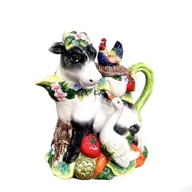 Minigift Farmhouse Cow Teapot with Rooster, Rustic Farm Animal Decorative Tea Pot, Hand-Painted Ceramic Teapot for Kitchen & Tea Lovers