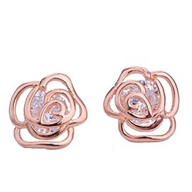 Unusual rose gold plated 925 sterling silver camellia design earrings featuring a flower design with underlying cubic zirconia to add some sparkle!