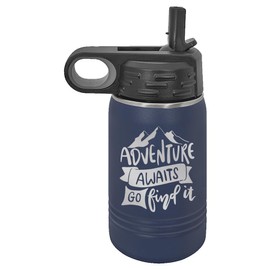 Adventure Awaits Water Bottle | Insulated Water Bottles | Laser Engraved Water Bottle | Stainless Steel Water Bottle with Straw (12 oz, Navy)