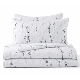 BOV Floral Quilt Set Queen Size 92x96, 100% Cotton Lightweight Bedspread with 2 Pillow Shams (20x26), Soft Breathable Summer Quilt, Botanical Bedding for Bedroom Decor