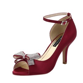 ERIJUNOR E1599 Women Comfortable Middle Heel Peep Toe Bows Rhinestones Satin Wedding Evening Party Shoes Burgundy US 8