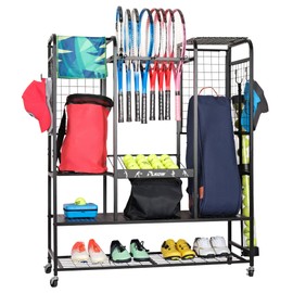 PLKOW Tennis Bag Organizer Tennis Racket Storage Rack, Extra Large Tennis Equipment Holder for Bags, Balls, Racquet & Accessories, Heavy-Duty Gear Organizer for Garage, Club, or School