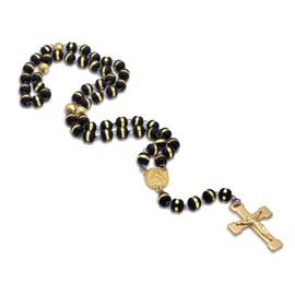 JAJAFOOK Mens Black Stainless Steel Black Gold Silicone Beads Rosary Necklace with Cross Pendant