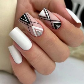 24Pcs Square Press on Nails Medium Length French Fake Nails Matte Full Cover False Nails with Geometric Stripe Glitter Designs Acrylic Nails Glossy Artificial Nails Reusable Glue on Nails for Women