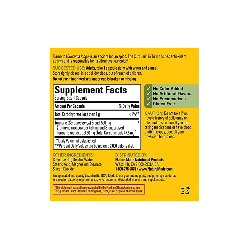 Nature Made Turmeric Curcumin 500 mg, Herbal Supplement for Antioxidant