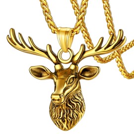 FaithHeart Gold Deer Head Pendant Necklace for Women, Men's Antler Necklace, Norse Viking Jewelry for Male