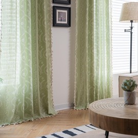 Sagnoly Sage Green Boho Curtains for Living Room 84 Inches Length Sheer Floral Vintage Farmhouse Printed Patterned Curtains Rustic Western Tassels Country Curtain Drapes