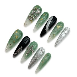 Wsliana Nails Handmade Press On Nails Long Stiletto Glue On Nails,3D Chinese Classical Dragon Design,10pcs Green Reusable-Lasting Acrylic Fake Nails with Storage Box |DIY Nail Art Kit (009 XS)