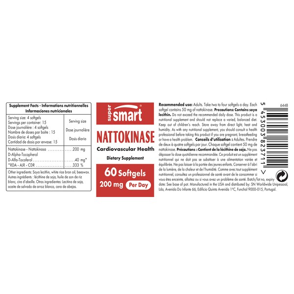 Supersmart - Nattokinase 200 mg Per Day - High Content in Vitamin K2 - Japanese Fibrinolytic Enzyme - May Help Support Heart Health | Gluten Free - 60 Softgels