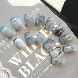 24 Short Press on nails kit w/ glue smoky gray marble artsy unique design