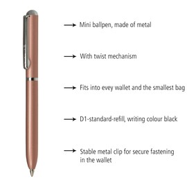 Online mini twist ballpoint pen Rosegold with metal clip standard pen refill small pens for the purse 8 cm length, fits into wallets & small bags biro with black writing color