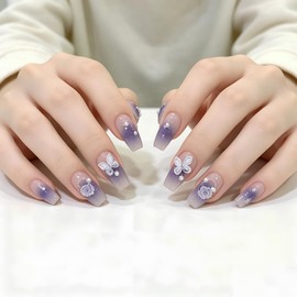SURZON Nail Tips, Short, Blue, Fake Nails, Medium, 3D, Butterfly, Rose, Pearl Decoration, Cute, Double-Sided Tape, Stylish, Simple, Coming-of-Age Ceremonies, Wedding, School Entrance Ceremonies
