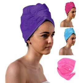 aztex Luxury Hair Turban Towel, Head Wrap Towel, Hair Drying Towel with Loop and Button Fastener, Luxury Absorbent and Lightweight Cotton, Multiple Colours, 64 x 23cm - Purple
