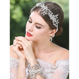IYOU Bridal Wedding Hair Vine Rhinestone Silver Pearl Headband with Matching Crystal Bracelet Prom Bridal Hair Accessories for Women
