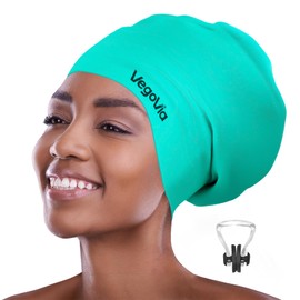 VegoVia Extra Large Long Hair Swim Cap for Braids and Dreadlocks, Black Women XL Waterproof Swimming Cap for Adult Locs Curly Afros Keep Hair Dry, Silicone Swim Hat for Women Pool Bath