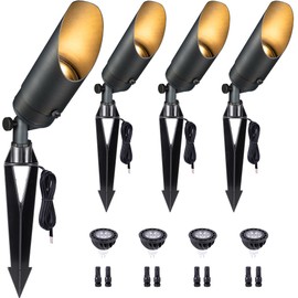 Gardenreet Brass Landscape Lighting - Low Voltage Outdoor Spotlights, Wired LED Uplights 12V, Waterproof Spot Lights, Antique Bronze for Outside Trees with 5W 5000K Daylight MR16 Bulb (4 Pack)