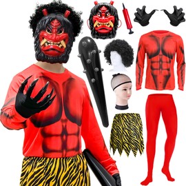 [COZENRE] Setsubun Demon Costume, Cosplay, 9-piece Set, Red Demon, Blue Demon, Costume, Demon Mask, Tiger Waistband, Oni, Red Demon, Blue Demon, Oni Costume, Setsubun Bean Sprinkle, Stage, Theater,