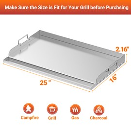 Skyflame 25"x16" Stainless Steel Griddle Plate for BBQ, Hibachi, Flat Top Grill with Even Heating, Grease Groove, Foldable Handles, Ideal for Charcoal/Gas Grills, Camping, Tailgating, Outdoor Cooking