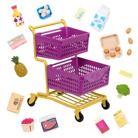 Our Generation BD35211Z Deluxe Shopping Trolley Purple/Yellow & Food - Balanced Shopping for 46 cm Dolls, with Working Wheels - Children's Toy from 3 Years - 45461 HCM Kinzel