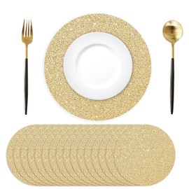 50 manteles individuales de papel dorado claro, desechables de 34 cm, brillantes, redondos, decorativos, con purpurina, para cumpleaños, bodas, festividades, fiestas, decoración de mesa y vajilla con