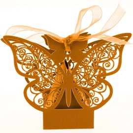 Auto-plaza 50 Pieces Butterfly Laser Cut Favor Boxes DIY Wedding Birthday Gift Candy Boxes with Ribbons (Yellow Orange)