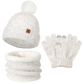 AYPOW 3pcs Warm Beanie Hat Scarf Gloves Winter Set for Children 0-7 Years Thick Fleece Lined Winter Hat Knitted Hat Neck Warmer Winter Accessory Set for Children Toddlers Boys Girls, White
