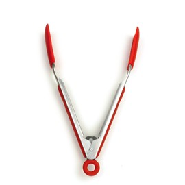 RSVP International Endurance Kitchen Utensil Collection Stainless Steel Locking Tongs for Cooking, 10.75" Length, Square Tip, Red Non-Slip Silicone