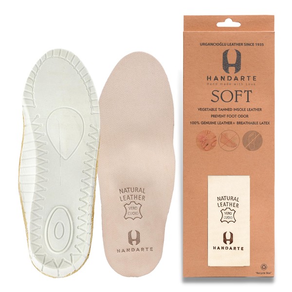 HANDARTE Genuine Leather Insoles - Orthopedic Vegetable Tanned - Odor Eater Natural Padded with Latex Foam - Magic Absorbent - Tan - Soft Special (Size US 12 / EU 43) Gift:Socks and Keychain