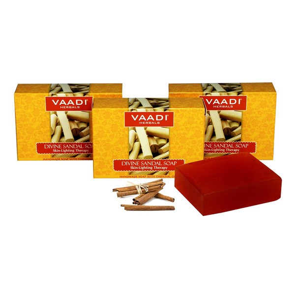 Vaadi Herbals Sandalwood Oil Bar Soap with Saffron and Turmeric Extracts - Handmade Herbal Soap with 100% Pure Essential Oils - ALL Natural - Each 2.65 Oz - Pack of 3 (8 Oz)