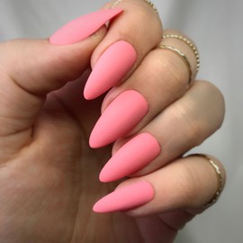 Wooyas Press on Nails Almond,Medium Matte Handmade Pink Fake Nails Reusable, Lightweight Natural Gel Nail in 12 Sizes - 24 Pcs Soft Gel Glue On Nails Kit，Carnation Pink Color