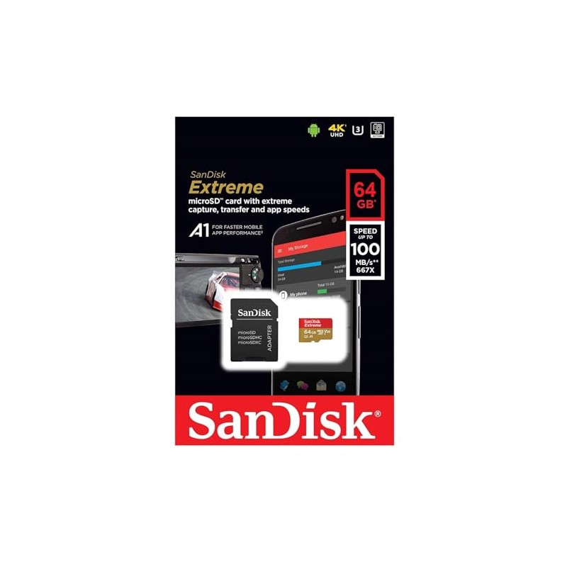 SanDisk Extreme 64GB microSD, microSDHC, microSDXC, 4K UHD- SDSQXA2-064G-GN6MA, A1/A2