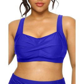 Daci Traje de baño para mujer, talla grande, parte superior de bikini push-up de cobertura completa, parte superior torcida frontal, traje de baño largo para busto grande, Azul Real, 18 Plus