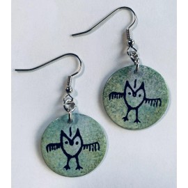 Hand Painted Pitroglyph Green Owl Sea Shell Earring