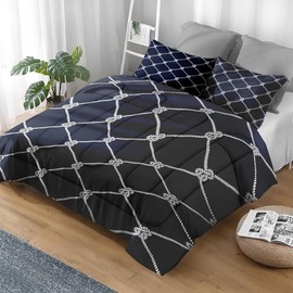 Pamnest Comforter Set Queen Size, Nautical Navy Blue Fishing Soft 3 Pcs Bedding for Kids and Adults, Sea Sailor Geometric Comforter Set with Pillowcase, for Bedroom Bed Decor
