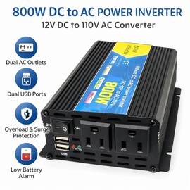 High-Power DC to AC Power Inverter – 12V to 110V/220V Converter with Dual USB Ports, Dual AC Outlets, Cigarette Lighter Adapter, Battery Cable for Cars, Trucks, RVs, Home Backup (Black, 800W)