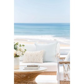 Hofdeco Premium Coastal Patio Indoor Outdoor Lumbar Pillow Cover Only, 12"x20" Water Repellent for Backyard, Couch, Neutral Tan Print Geometric Leafs