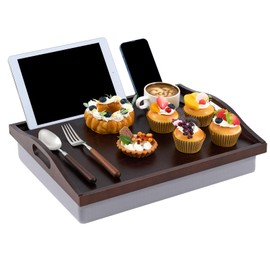 Pickmesh 1 Pcs Bamboo Lap Tray with Detachable Pillow Wood Bed Food Trays with Cushion 16.9 x 13 Inch for Adults Elderly Eating Food Breakfast Dinner (Walnut)