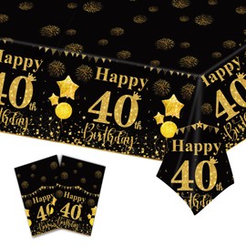 LDFDRT 40th Black Gold Birthday Tablecloths Plastic Disposable 2 Pack Table Cloth Happy Party Birthdays Decorations Rectangular Table Cover 54"x108"