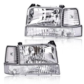 CNNELL Headlights Compatible with 1992-1996 Ford F150/Bronco, 1992-1997 F250/F350/FSuper Duty w/Corner Signal Bumper Lamps(Clear lens Chrome Housing Clear Reflector)