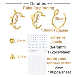 QWALIT Fake Lip Ring Fake Lip Piercing Fake Piercings Balls Spike Fake Nose Ring Hoop Fake Face Piercing Fake Nose Stud Stick on Fake Bridge Eyebrow Piercing Fake Eyebrow Ring Fake Face Jewelry Gold