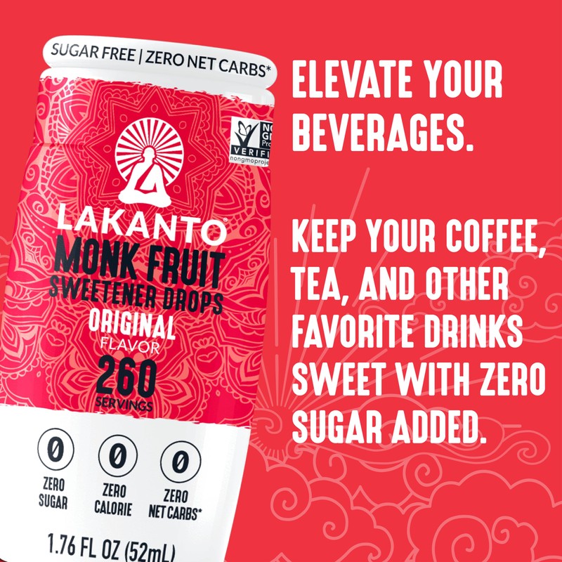 Lakanto Liquid Monk Fruit Extract Drops, Original, Erythritol Free Sugar
