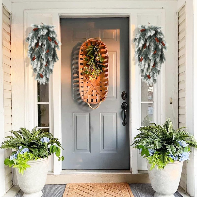 RECUTMS Faux Hanging Plants Outdoor Spring Evergreen Plant with Pine