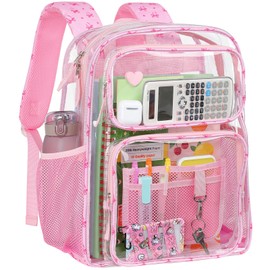 PACKISM Clear Backpack for School - 17 inch Large Heavy Duty Clear Bookbag, See Through PVC Transparent Backpacks with 2 Front Pockets for College Work, Pink Bow (for age 12 above)