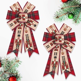 Blinket 2pcs Christmas Nutcracker Bows for Wreath, 8.46 inch × 12.99 inch Red Buffalo Plaid Bow with Nutcracker Design, Wired Craft Bow for Holiday Tree Topper, Front Door, Indoor Decor