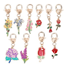 ZORZA 10Pcs Charming Enamel Flower Keychain Set Cute Floral Pendant Charms with Lobster Clasp for Women's Purses & Bags Decoration Alloy Plant Keyring Handbag Accessories