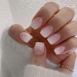 24PCs Press On Nails, Short Square Medium Shape, Solid Dark Color Fake Nails, Stick on Nails Glue on Nails Short Coffin False Nails (Pink Gradient)